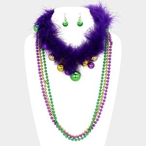 Feather Purple Green Gold Ball Beaded Necklace Mardi Gras Fashion Accessory